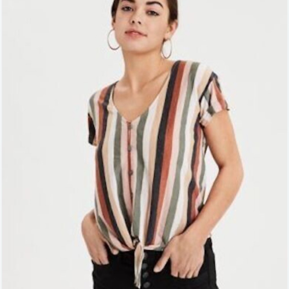 American Eagle Outfitters Striped V-Neck Tie-Front Top
